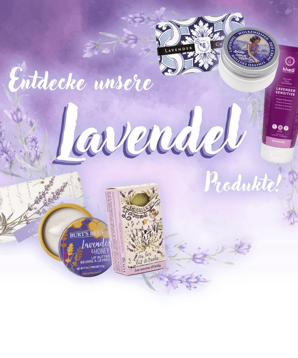 Lavendel Banner. Text: Entdecke unsere Lavendel Produkte! Lavendel im Hintergrund. Unterscheidliche Lavendel Produkte links und rechts.